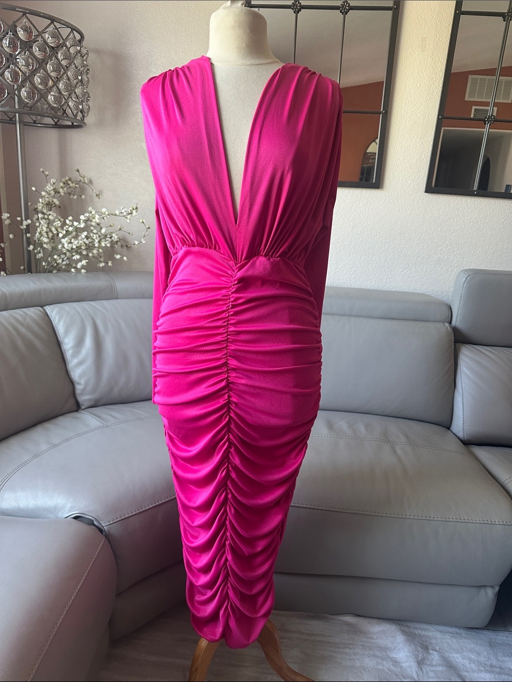 SHEIN Hot Pink Ruched Long Sleeve Plunge Midi Dress